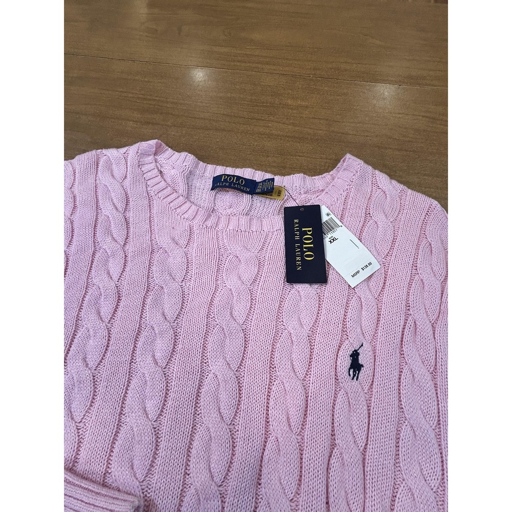 Polo Ralph Lauren Sweater Mens 2XL Pink Cable Knit Crewneck Pullover Pony *MARK
